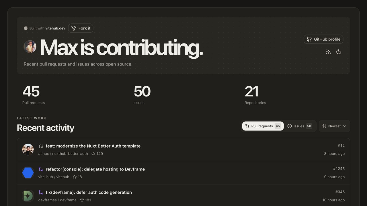 My Pull Requests app showing contribution totals and a list of recent GitHub pull requests.